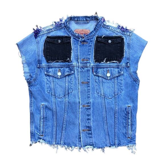 VINTAGE 2004 Levi's Patchwork Denim Jacket Vest Blue Small - Picture 1 of 16